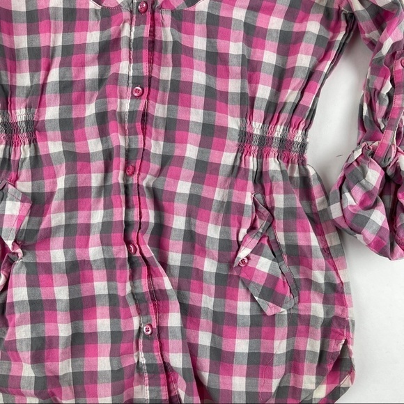 OP. Button Up Shirt Womens Medium Pink Plaid Roll Tab Sleeve Pleated - Picture 9 of 9